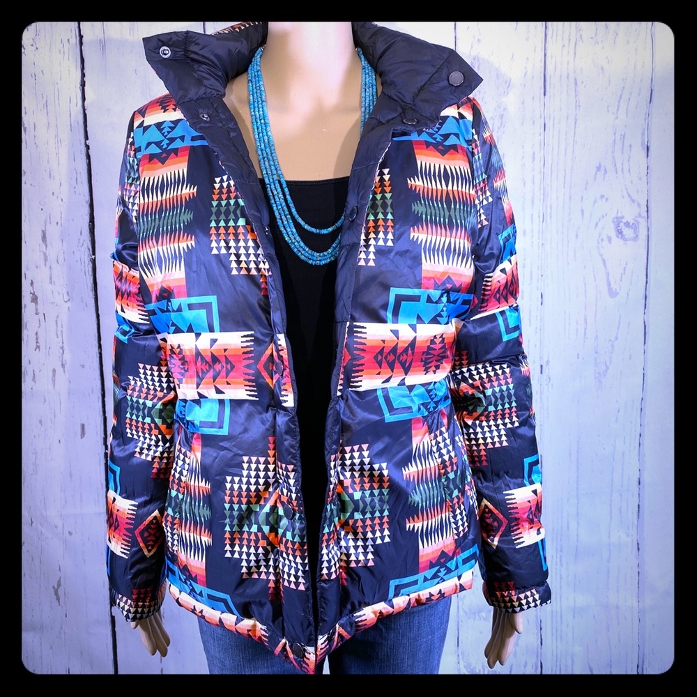 Women's Goose Down Pendleton Patterned Puffer Jacket - Multicolor